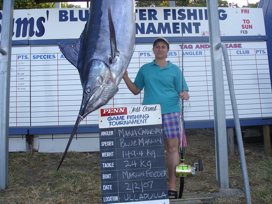 ANGLER: Maria Carnevale. SPECIES: Blue Marlin. WEIGHT or T/R: 149.4 Kg.