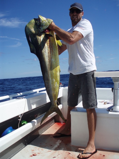 ANGLER: Beau Jones  SPECIES: Dolphin fish (Mahi Mahi)  WEIGHT: 18.0 Kg LURE: J.B. Lures Pink Chook
