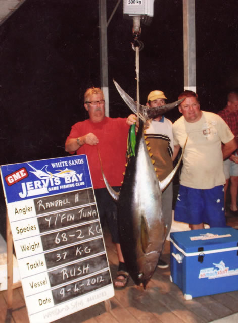 ANGLER: Randall Harrison  SPECIES: Yellowfin Tuna  WEIGHT: 68.2 Kg LURE: JB Lures, 13" Dingo Black+Green